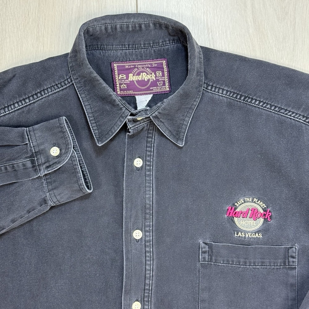 VTG 90s Hard Rock Hotel Las Vegas Denim XL Button Shirt Mens Save the Planet